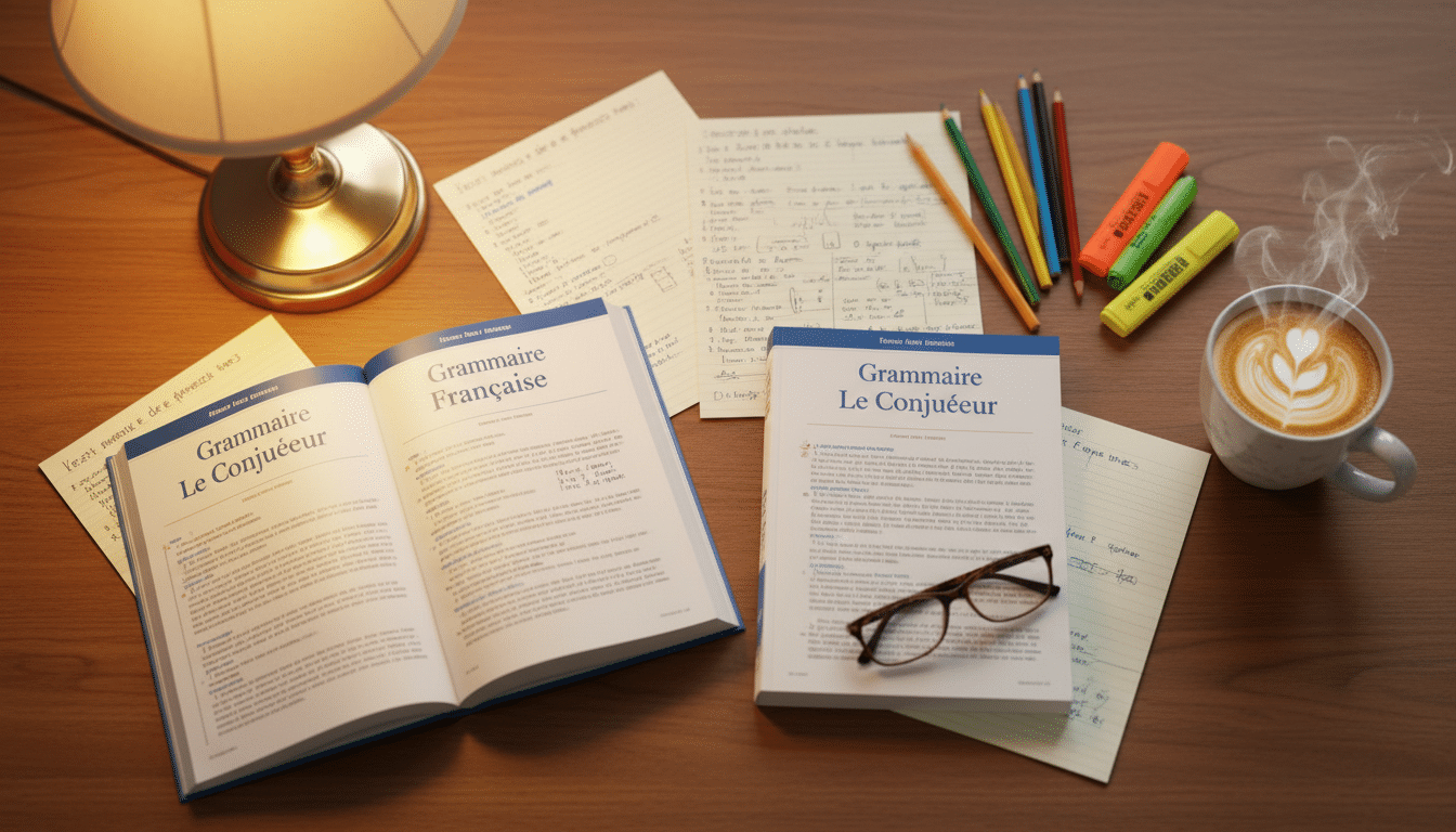 Bureau avec manuels de grammaire française, notes manuscrites et tasse de café
