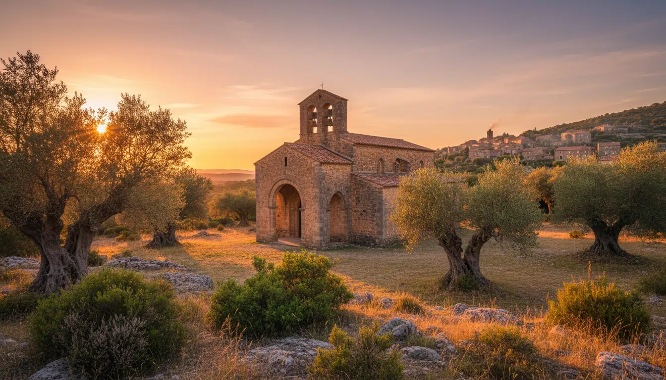Église en pierre de style méditerranéen en Corse baignée d'une lumière dorée au coucher du soleil