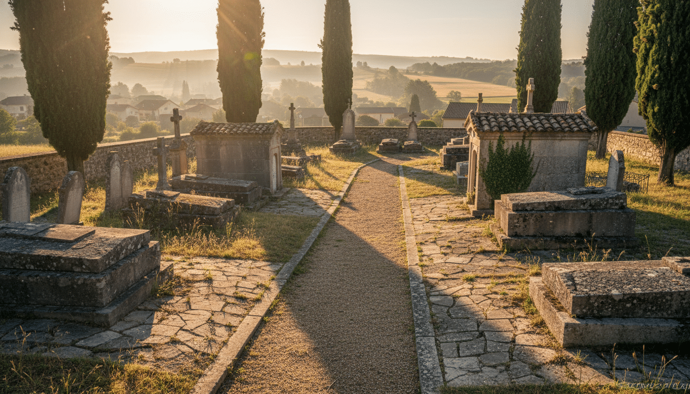 Allée dégradée dans un cimetière communal français