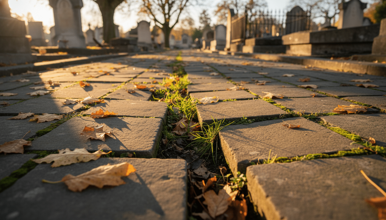 Dalle descellée sur un chemin de cimetière communal