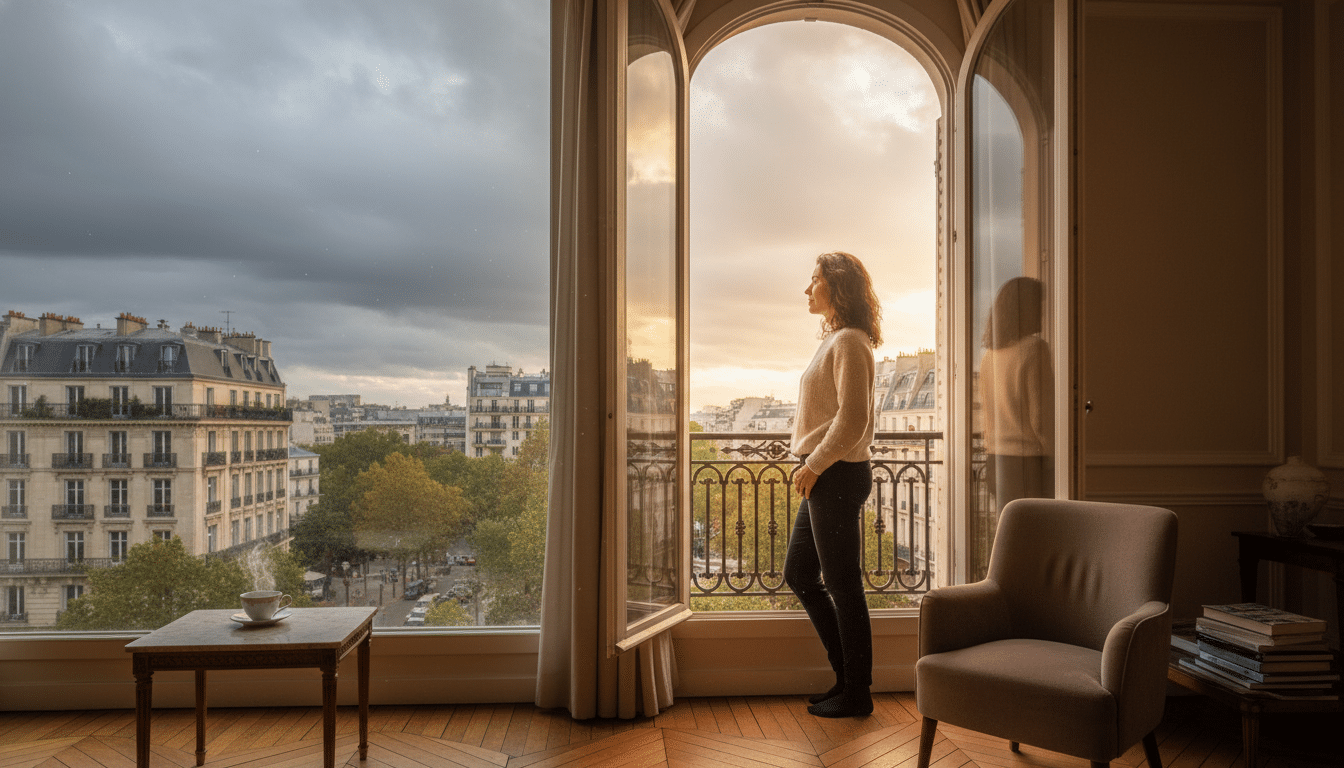 Ciel partagé entre soleil et nuages depuis une fenêtre