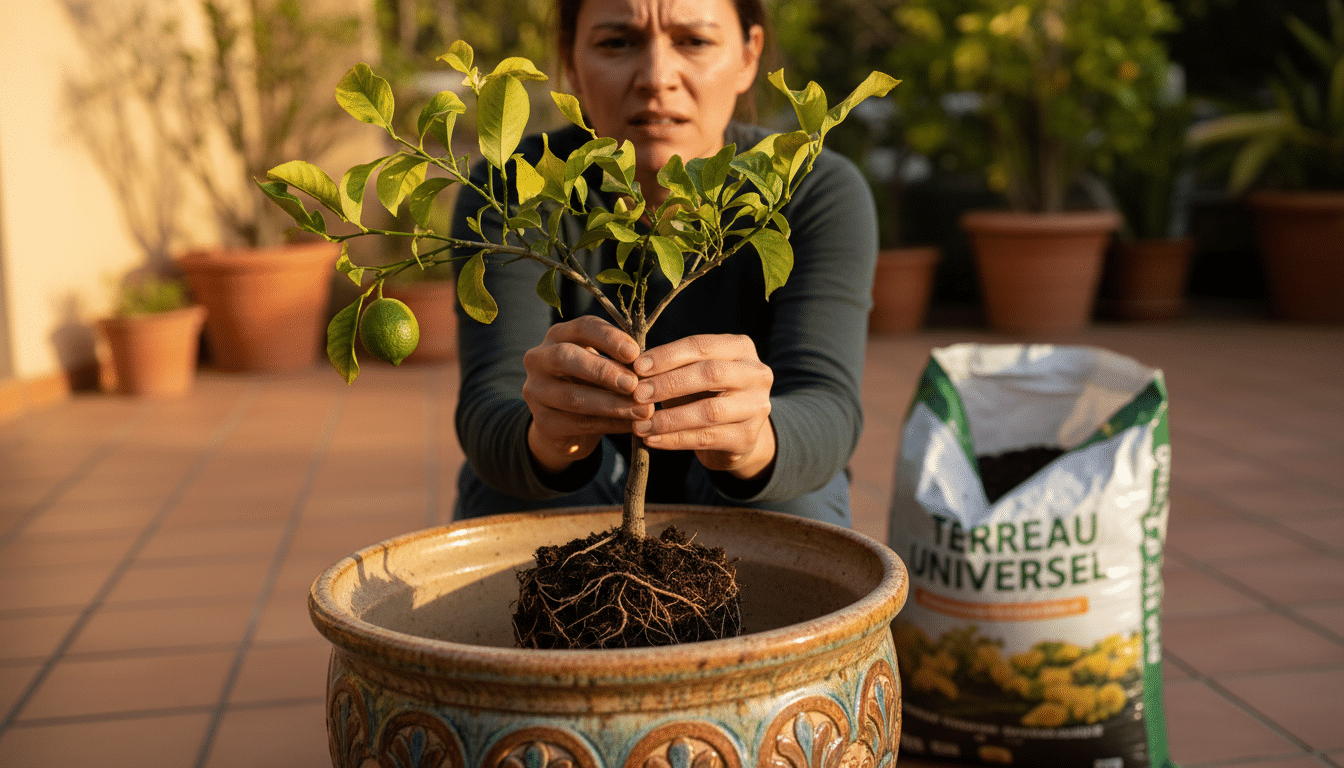 Citronnier aux feuilles jaunes dans un pot sans drainage