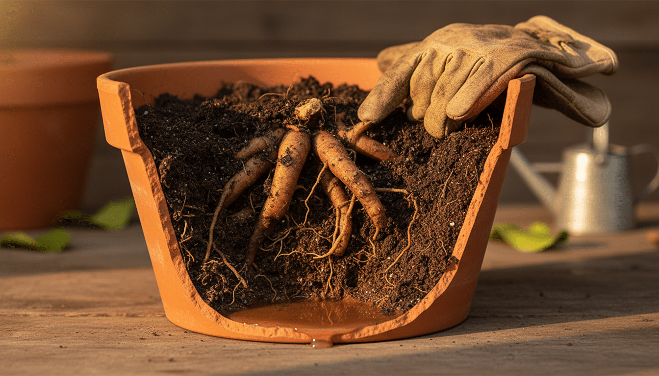 Racines de citronnier pourries dans un terreau compact gorgé d'eau