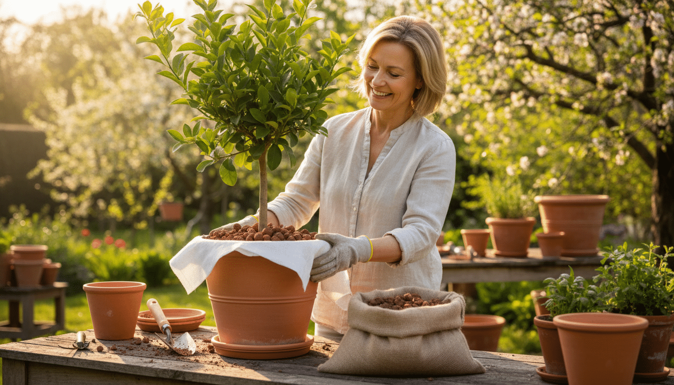 Rempotage correct d'un citronnier avec couche drainante en terre cuite