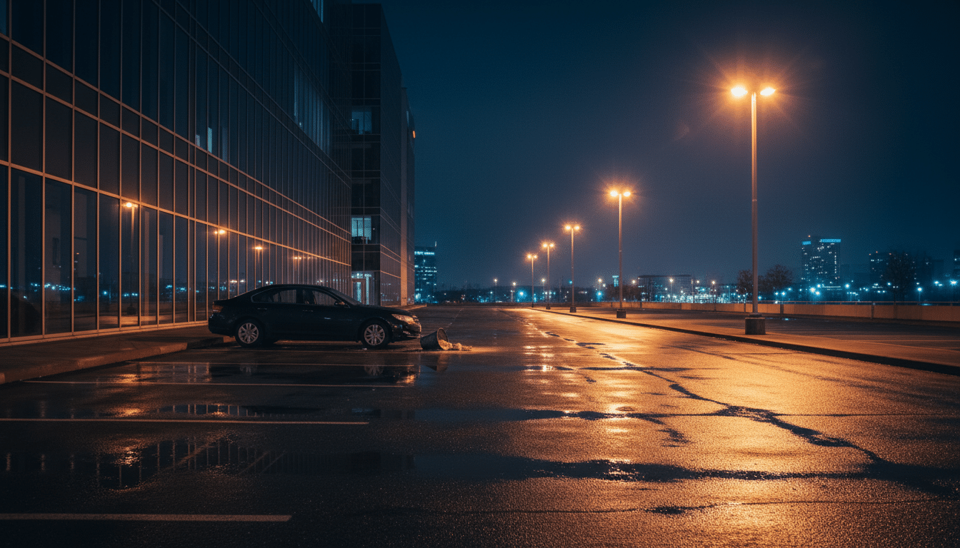 Parking sombre la nuit devant un immeuble de bureaux moderne, seau renversé près d'une portière de voiture