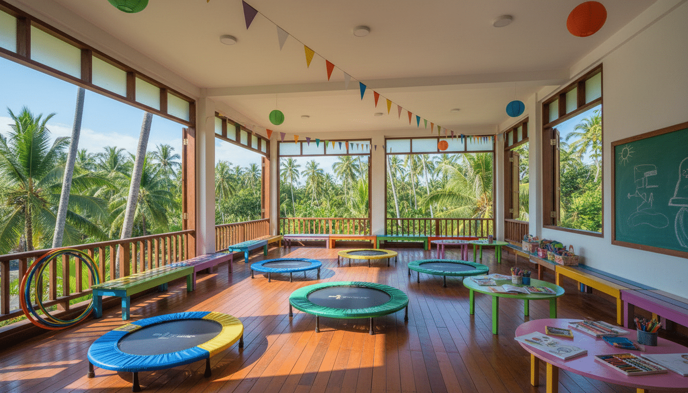 Salle de classe internationale colorée en Thaïlande avec trampolines et cerceaux, ambiance tropicale ensoleillée