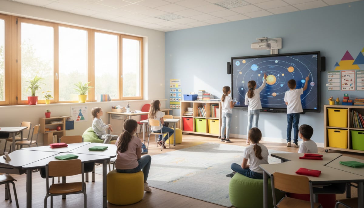 Classe d'école rurale moderne avec tableau numérique interactif.