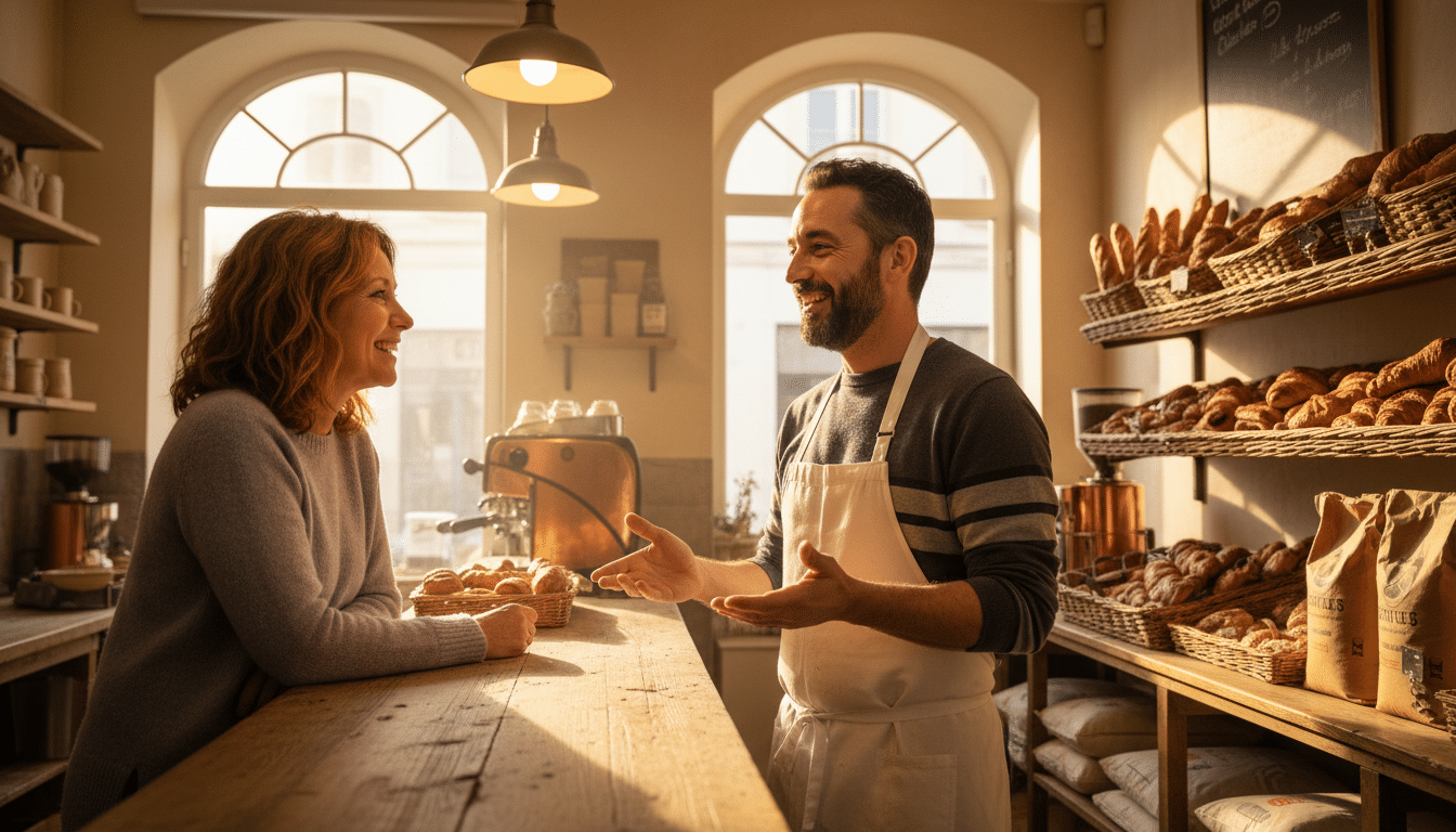 Cliente qui discute avec son boulanger en boulangerie française