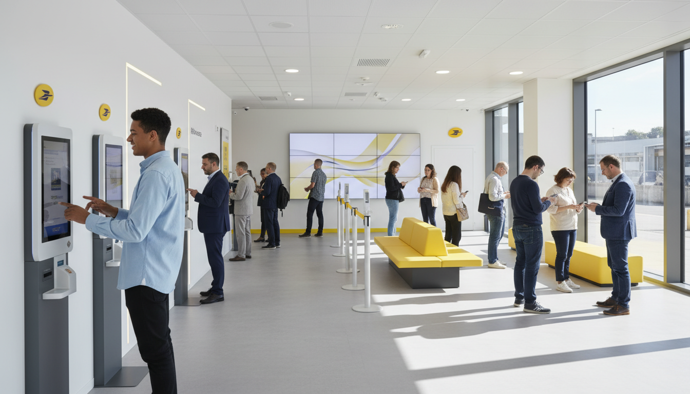 Clients utilisant des bornes numériques dans une poste moderne