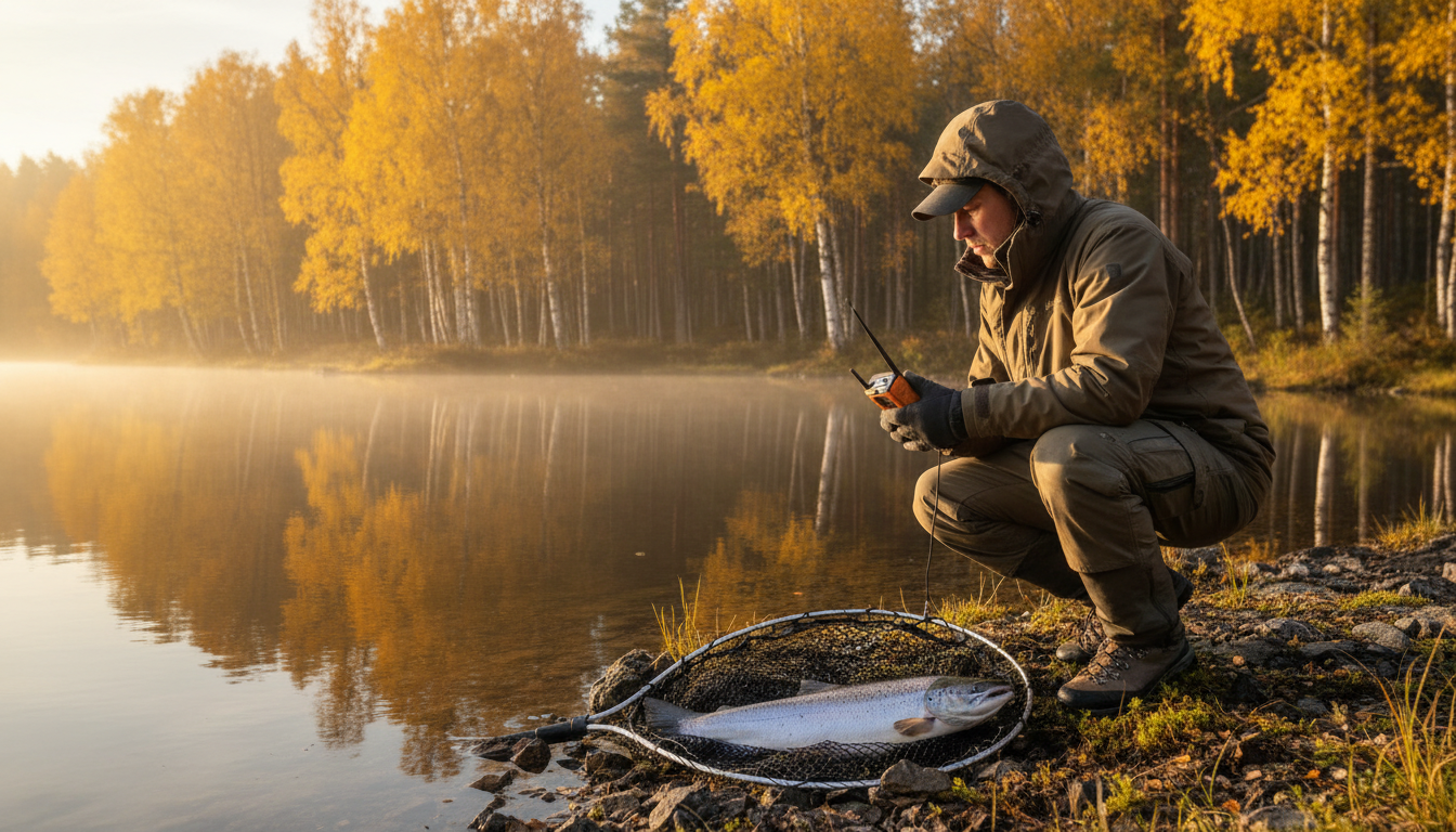 Chercheur équipé d'un GPS au bord d'un lac suédois