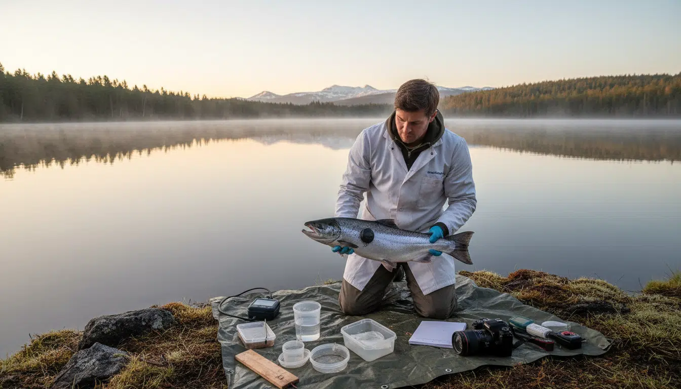 Chercheur équipant un saumon d'un dispositif de suivi au bord d'un lac