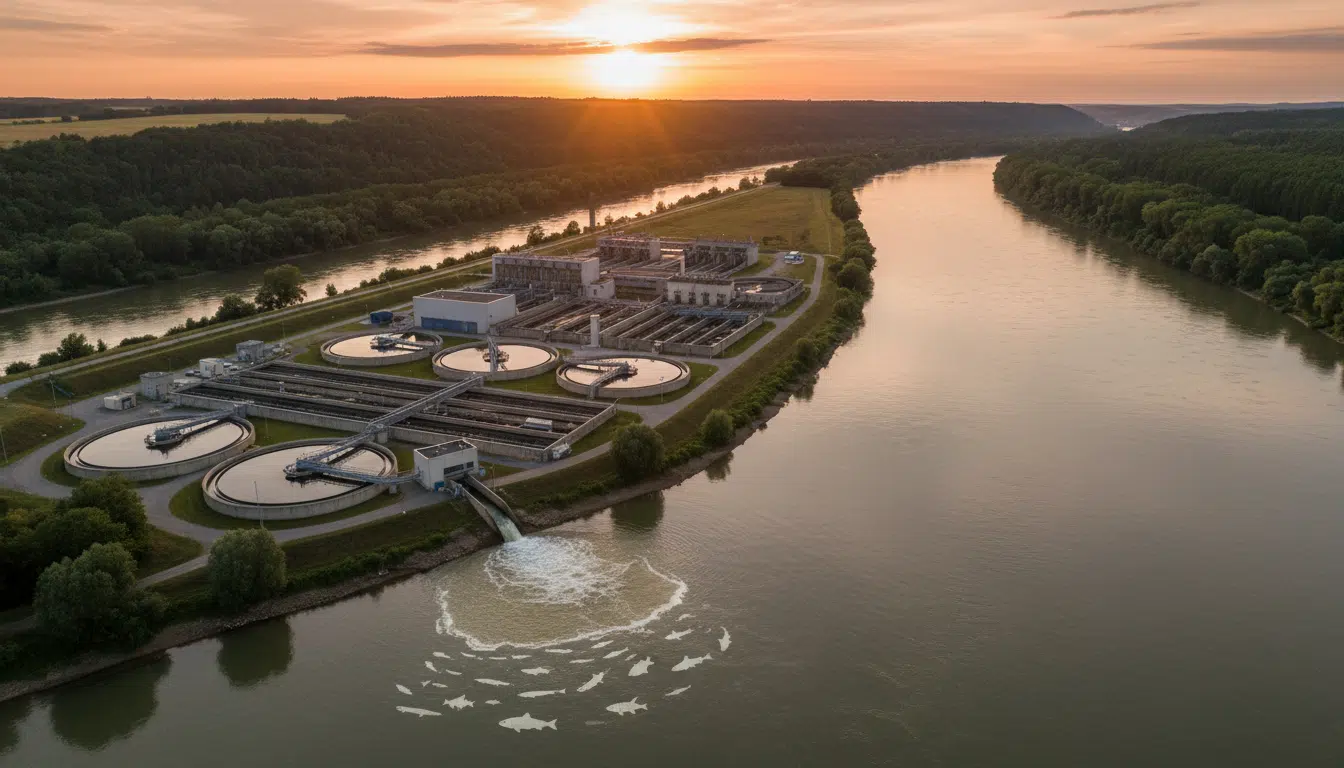 Station d'épuration européenne déversant de l'eau traitée dans une rivière