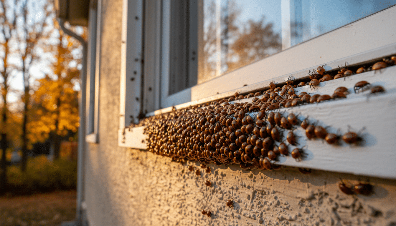 Invasion de coccinelles asiatiques sur une façade de maison en automne
