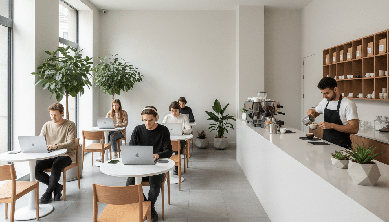 Coffee shop moderne avec clients télétravaillant