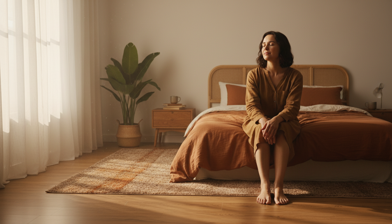 Personne assise pieds nus au réveil pratiquant la cohérence cardiaque