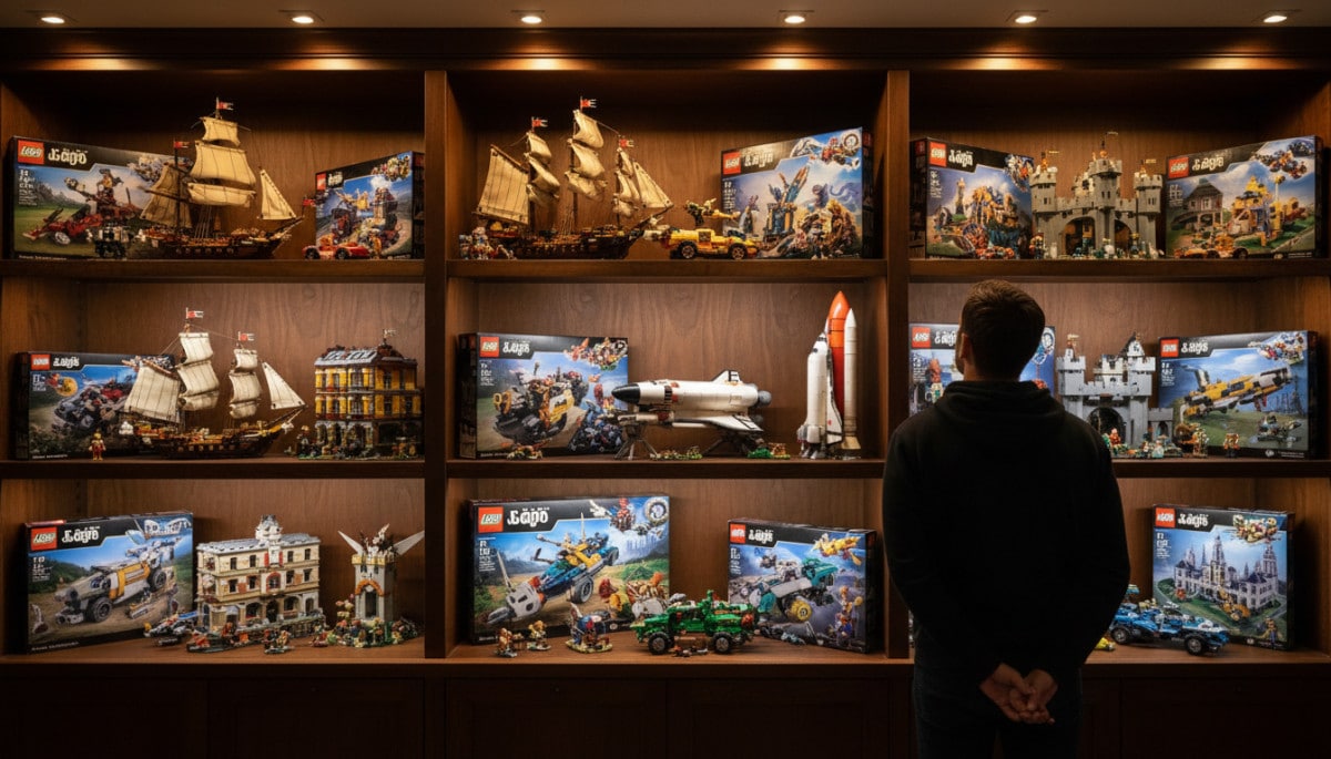 Collection de sets Lego exposés comme des objets de valeur
