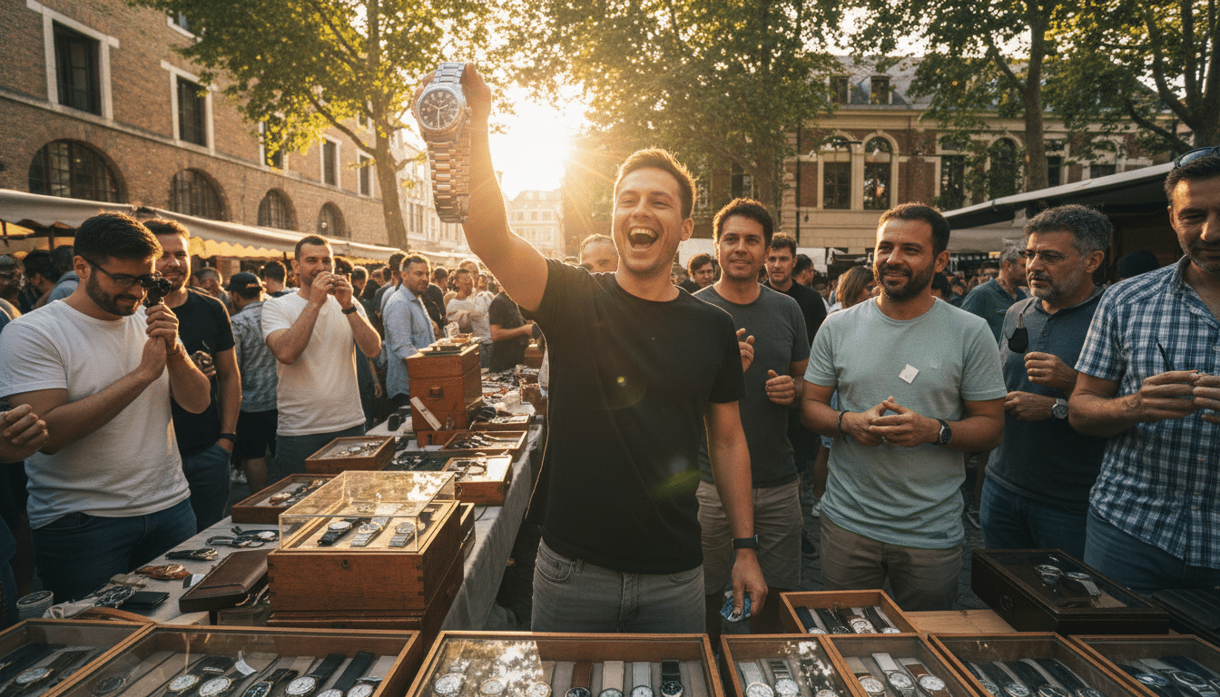 Collectionneur tenant une Rolex dans un salon horloger