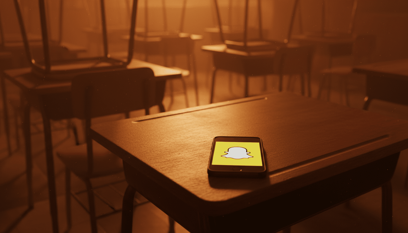 Smartphone avec application Snapchat sur un bureau d'école