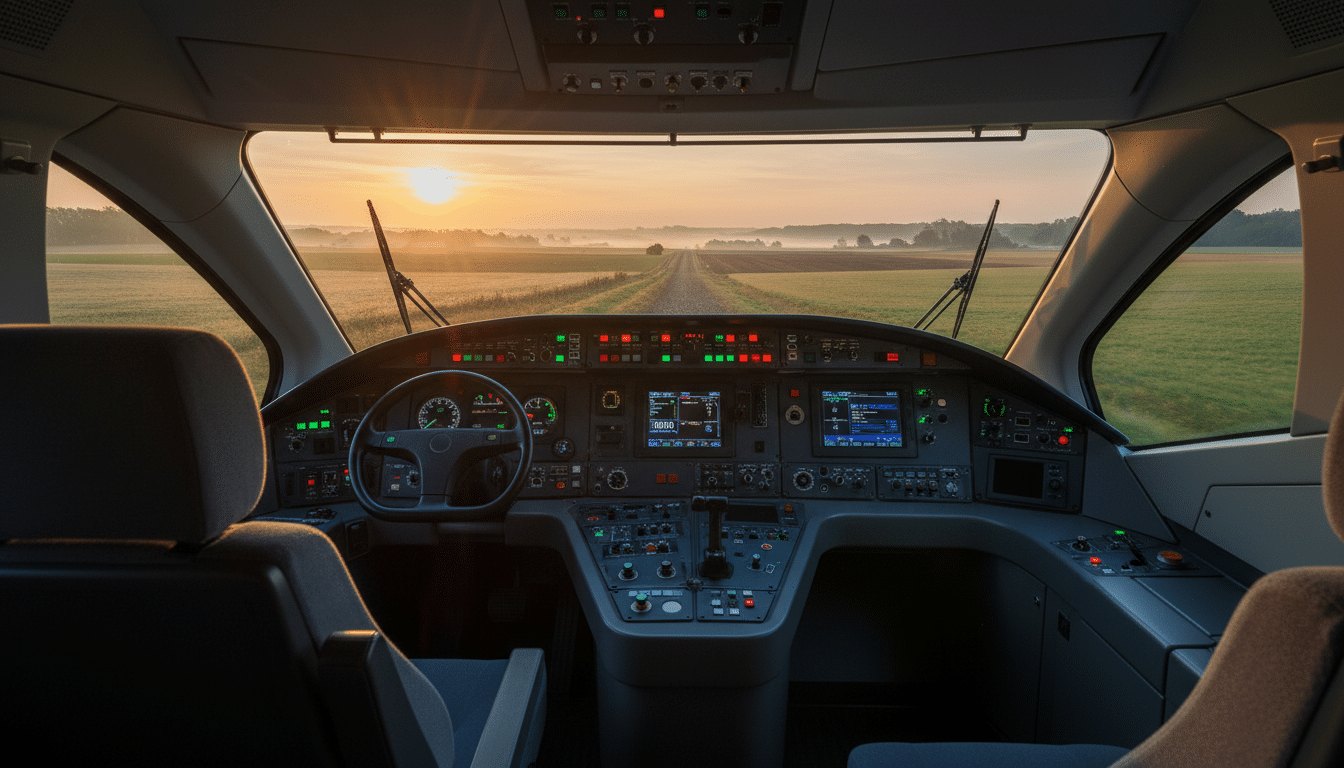 Cabine de conduite d'un TGV vide à l'aube