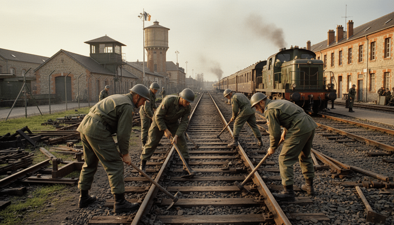 Soldats travaillant sur des voies ferrées militaires