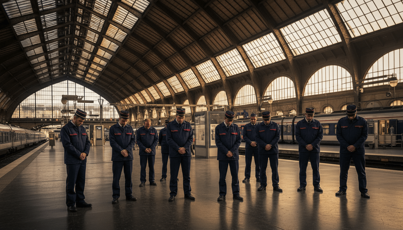 Cheminots SNCF en recueillement à la gare du Nord