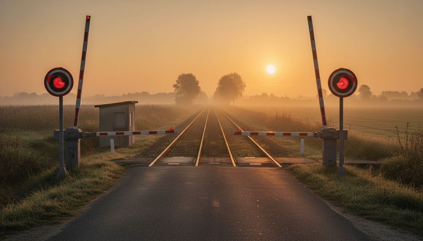 Passage à niveau avec barrières abaissées dans le Pas-de-Calais