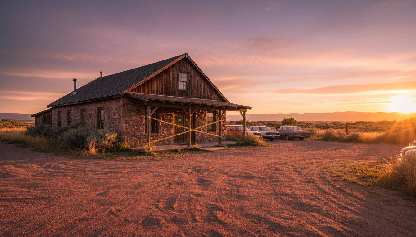 Extérieur d'un funérarium rural avec ruban de police