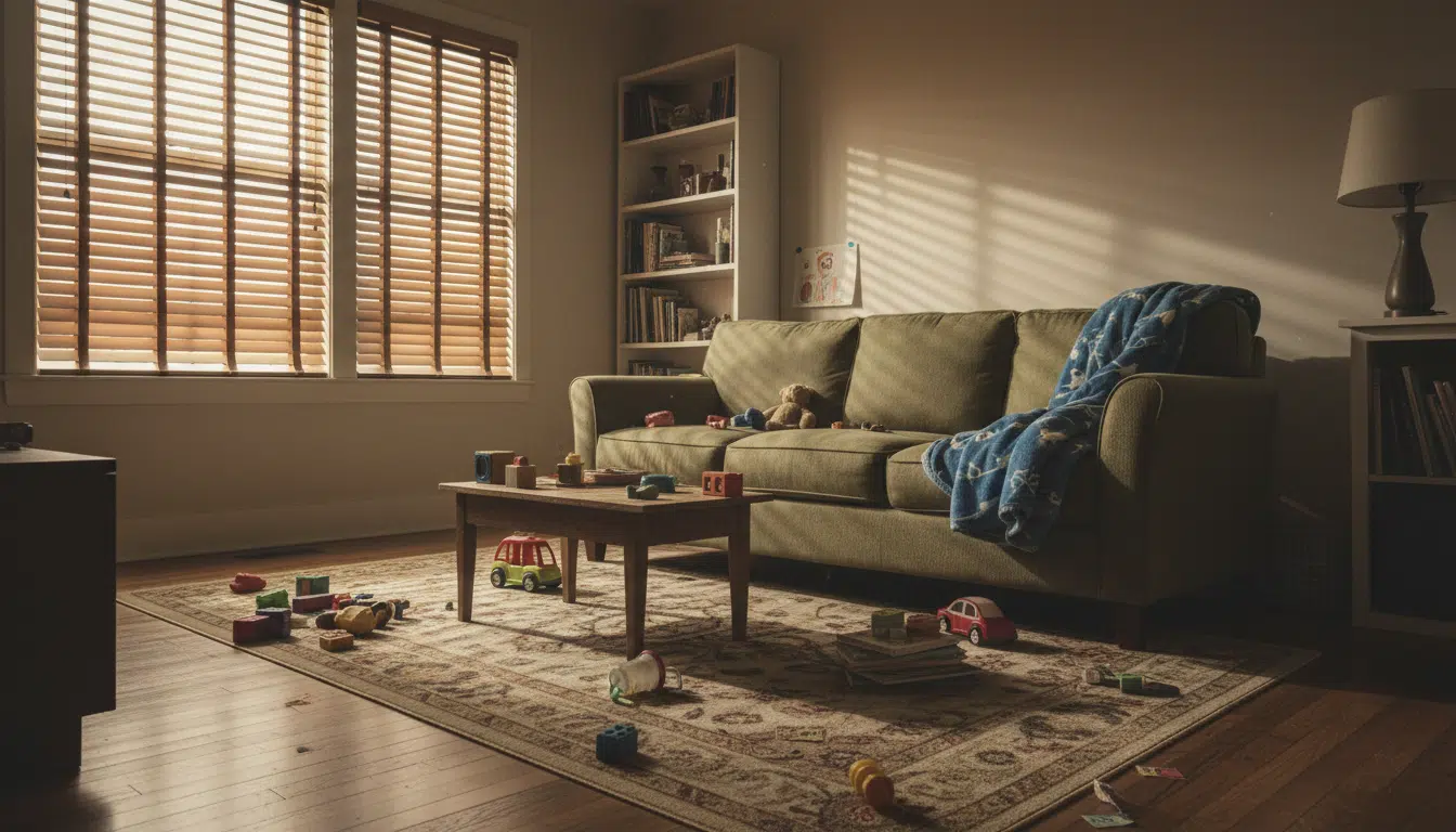 Salon vide avec jouets d'enfant et lumière tamisée