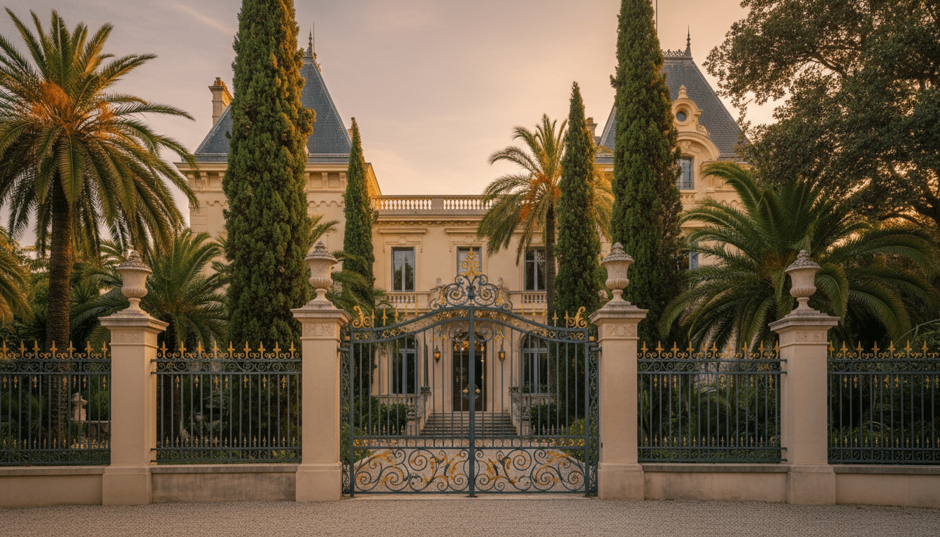 Château de luxe caché derrière des cyprès et palmiers à Saint-Tropez, évoquant la fortune immobilière de la famille Crociani