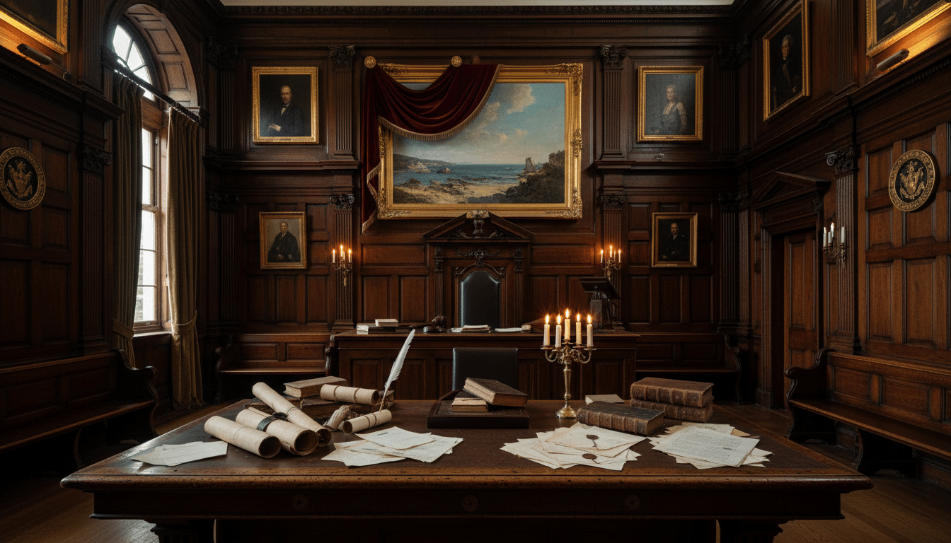 Salle d'audience à Jersey avec boiseries sombres et tableau impressionniste encadré d'or, évoquant le procès autour du trust familial de 600 millions de dollars