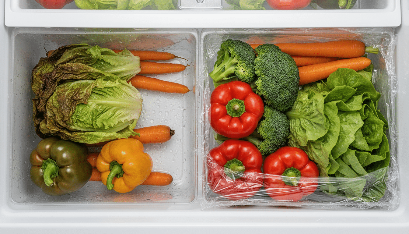 comparaison légumes frais et flétris dans bac frigo