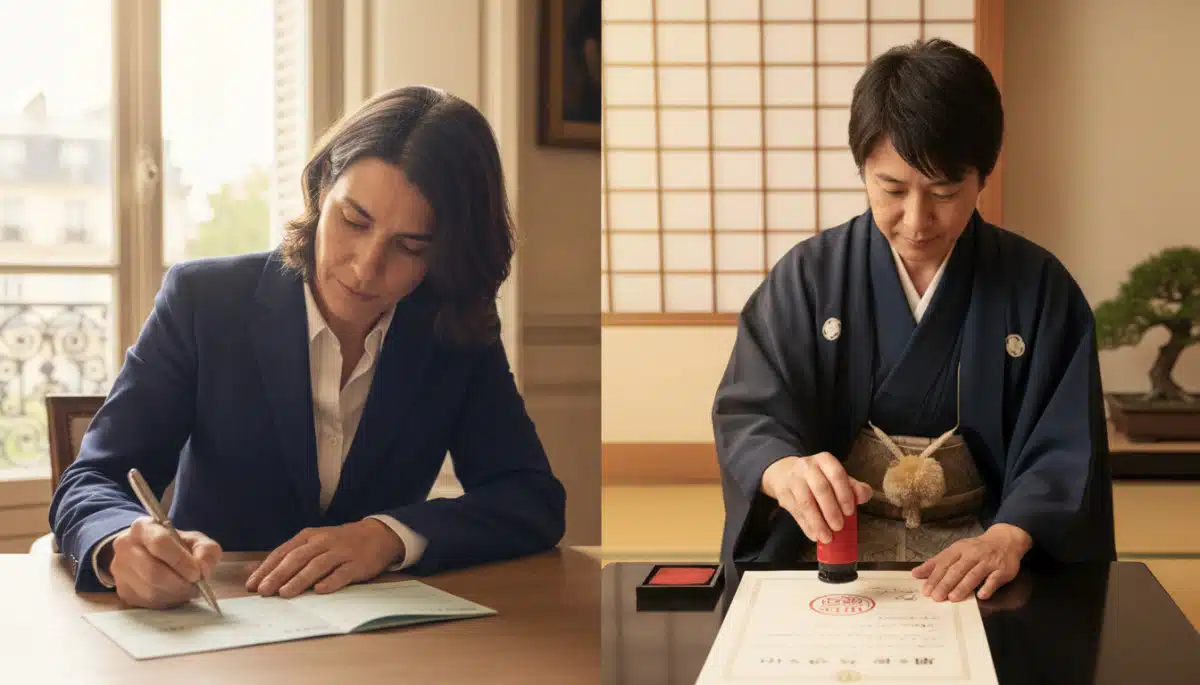 Comparaison signature chèque français et cachet hanko japonais