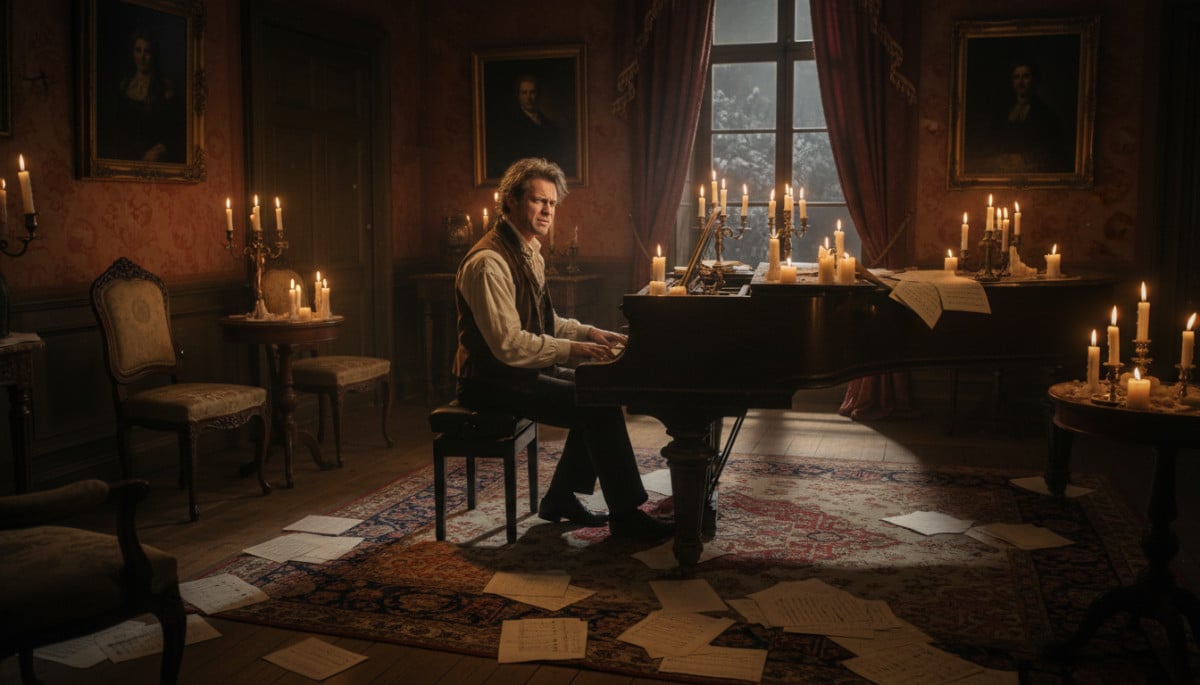 Compositeur russe au piano dans un salon du XIXe siècle