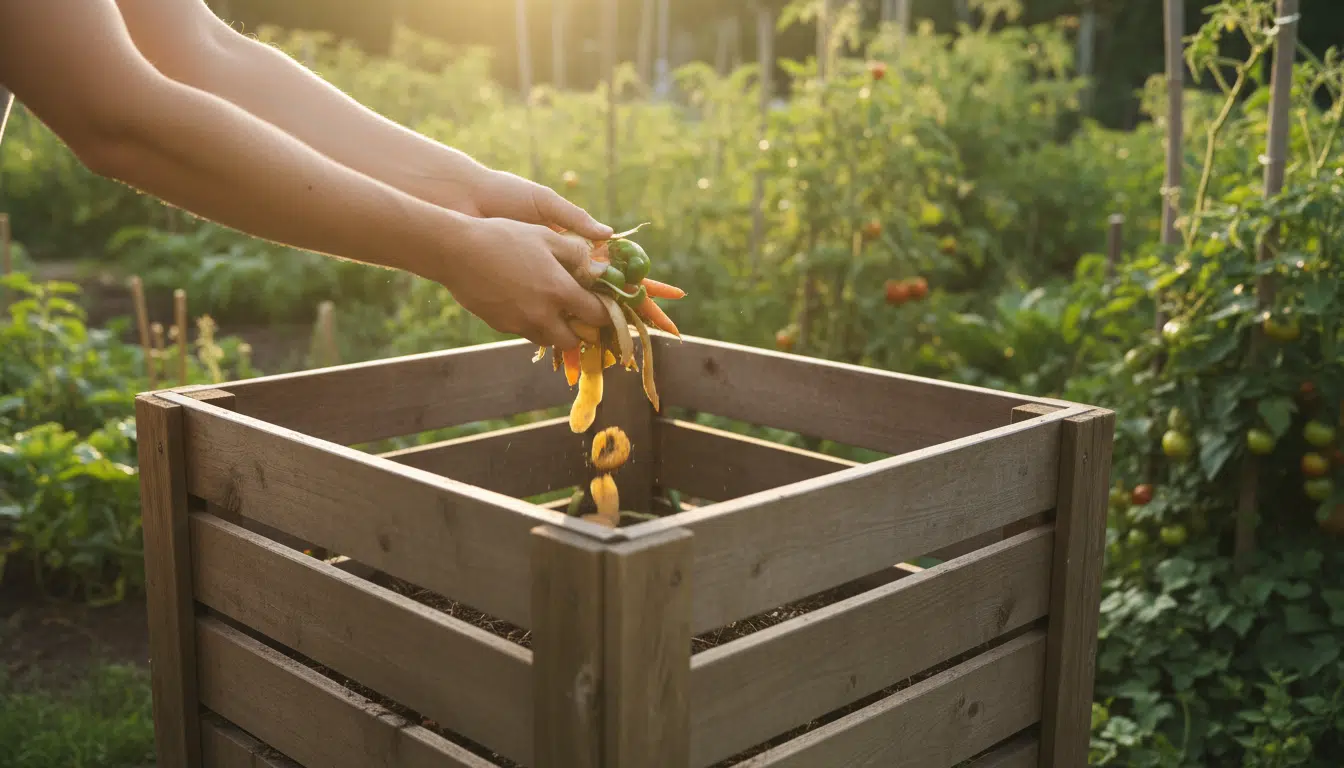 Mains jetant des épluchures dans un composteur de jardin