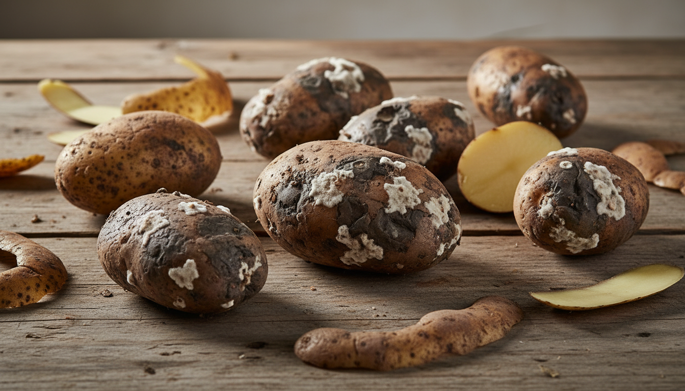 Pommes de terre touchées par le mildiou sur une table