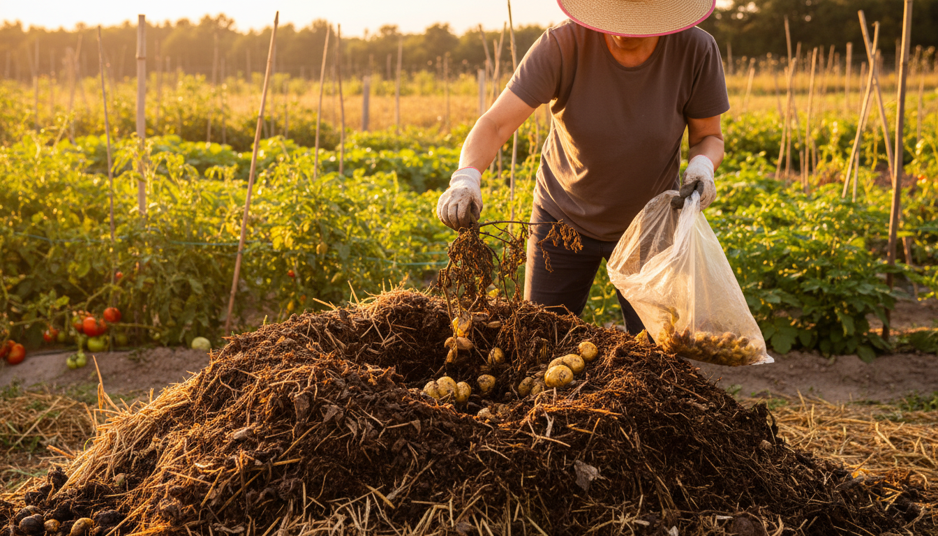 Jardinier retirant des résidus malades du compost