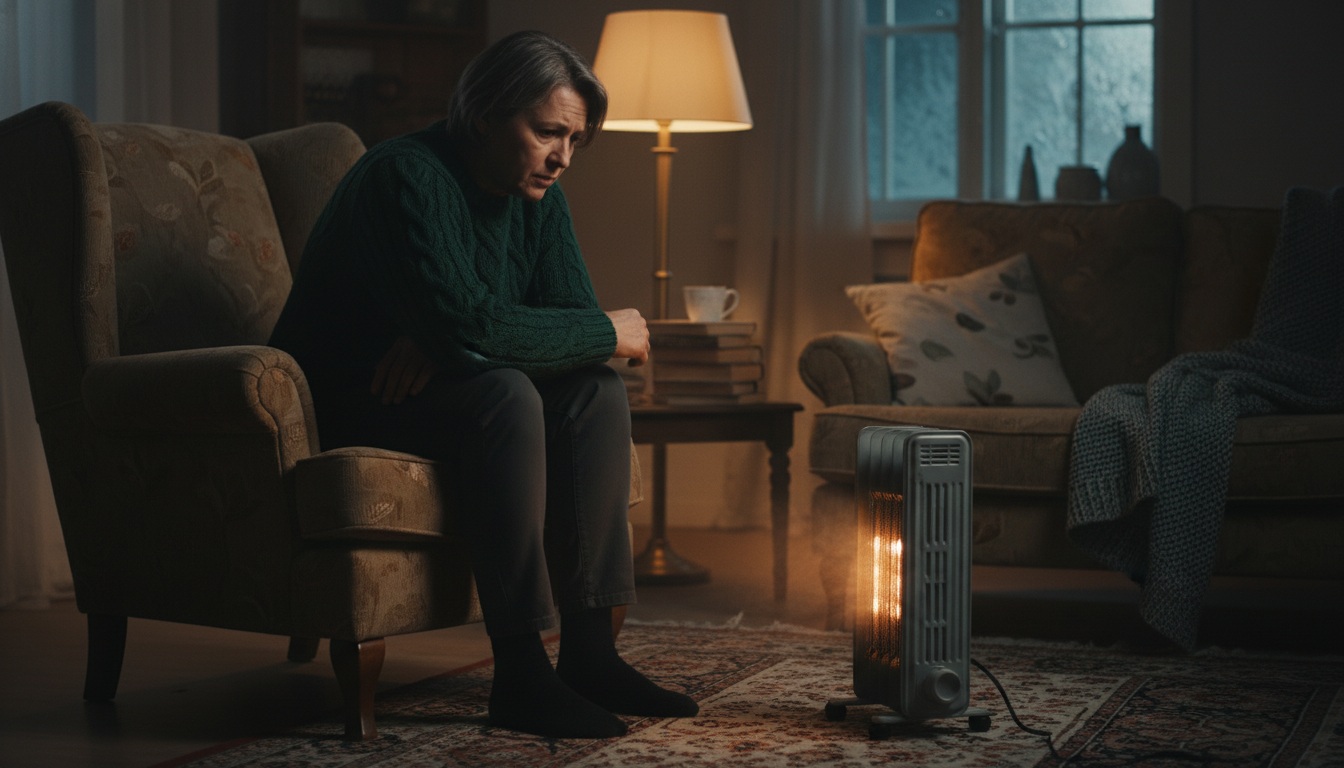 Personne inquiète devant un chauffage en panne