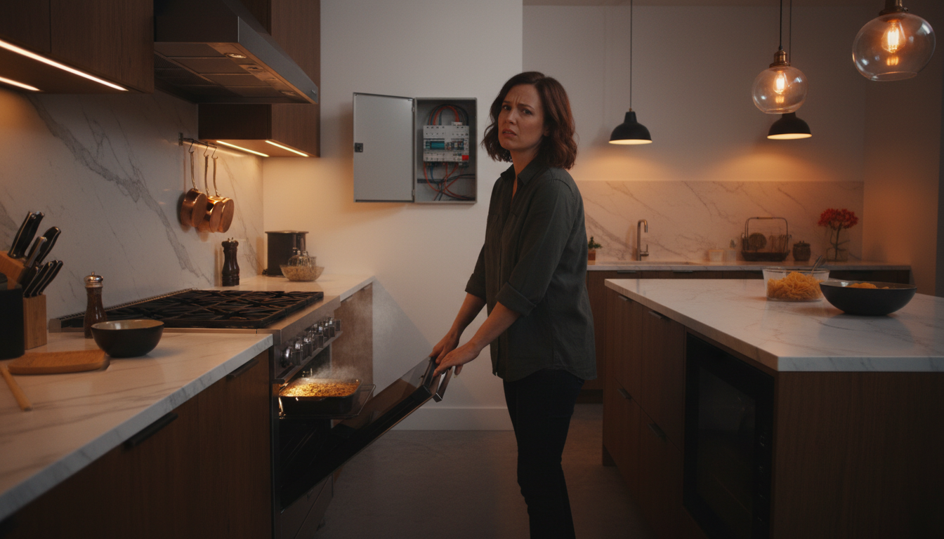 Personne en cuisine face à un four éteint