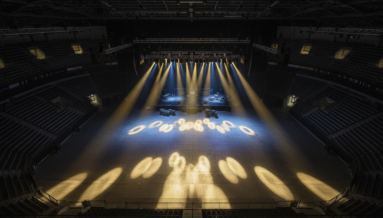 Vue intérieure d'une grande salle de concert vide avec éclairages dorés et bleus sur scène