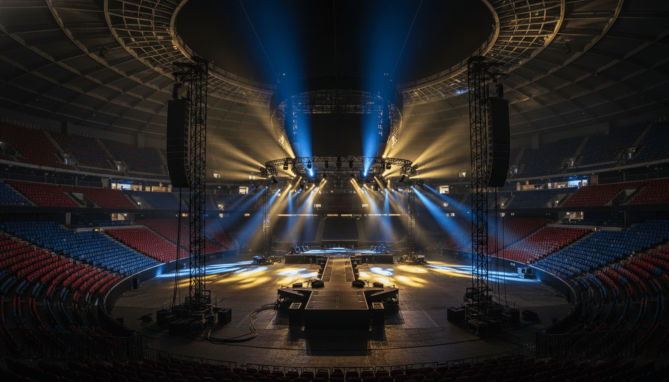 L'intérieur de Paris La Défense Arena illuminée de projecteurs dorés et bleus, scène vide en cours d'installation pour un concert