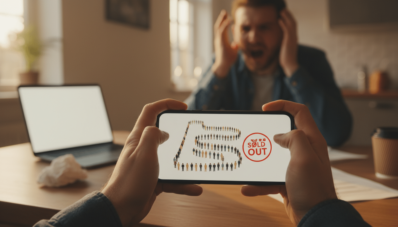 Fan frustré devant une file d'attente de billetterie en ligne