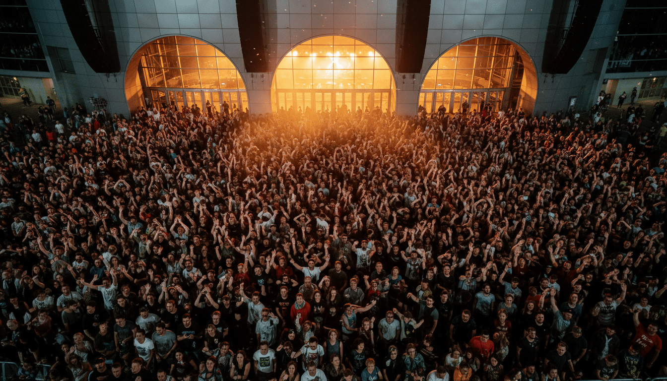 Foule dense devant l'entrée d'une salle de concert