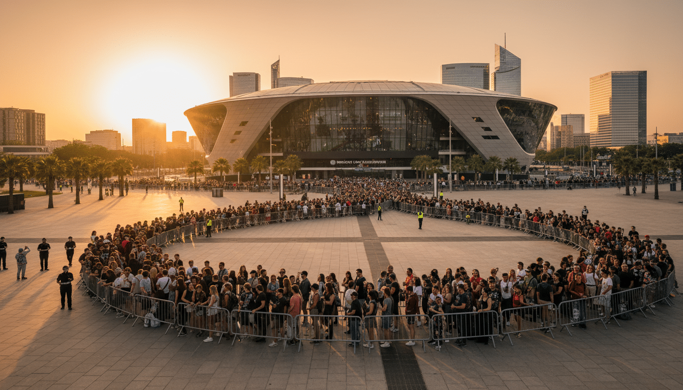File d'attente devant Paris La Défense Arena au coucher du soleil