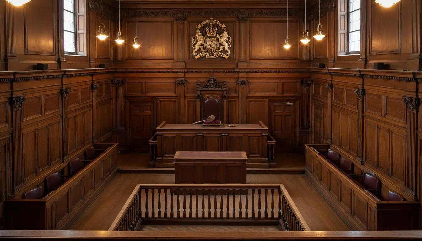 Intérieur d'un tribunal britannique avec banc du juge