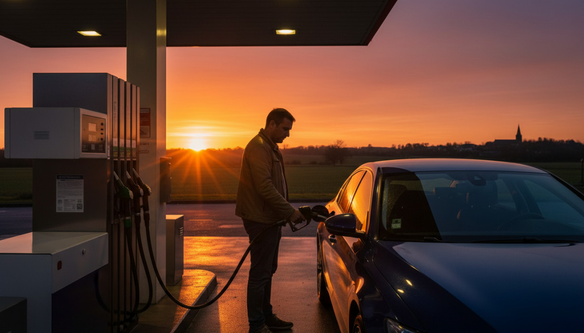 Conducteur faisant le plein d'essence dans une station-service