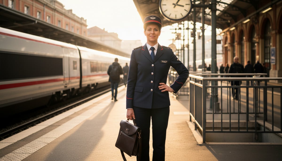 Conductrice de train SNCF en uniforme sur le quai de Toulouse