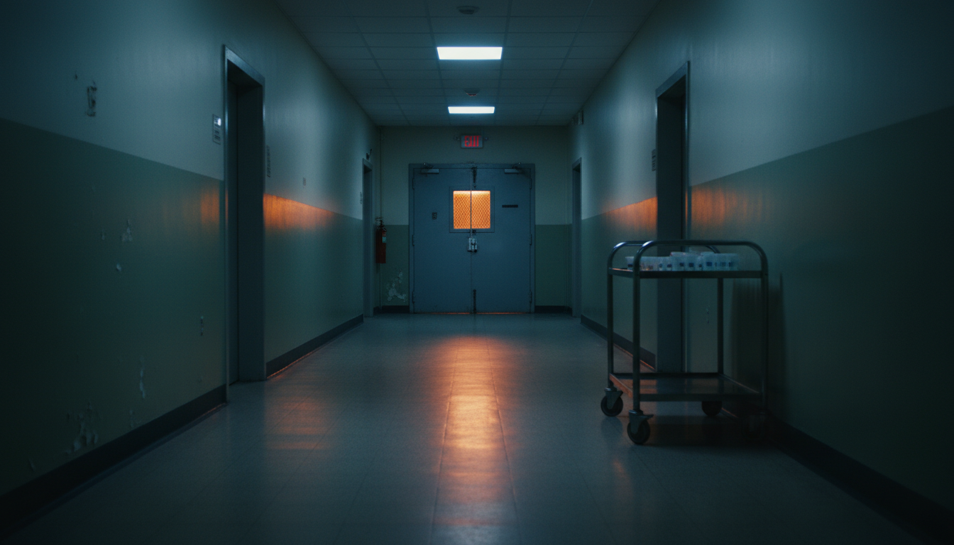 Couloir d'un hôpital psychiatrique avec porte fermée