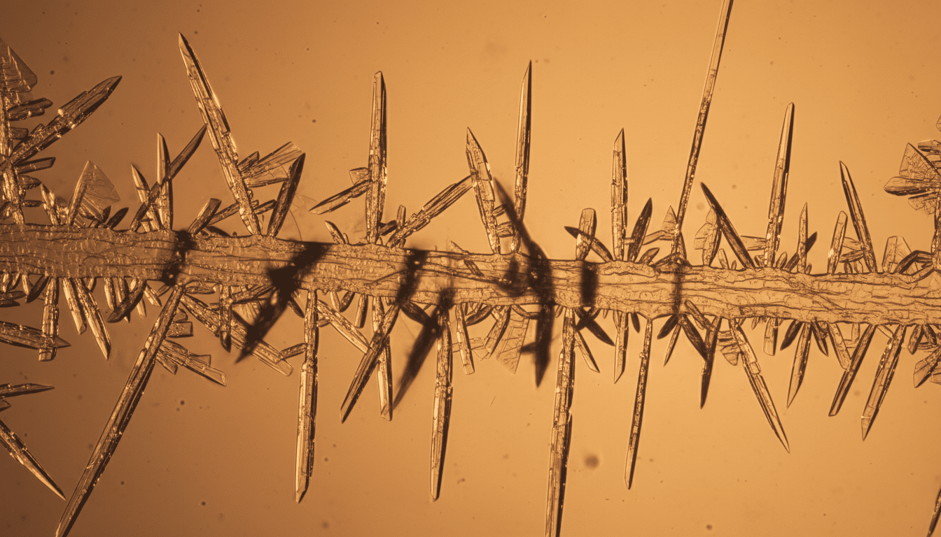 Cristaux de glace endommageant une membrane biologique au microscope