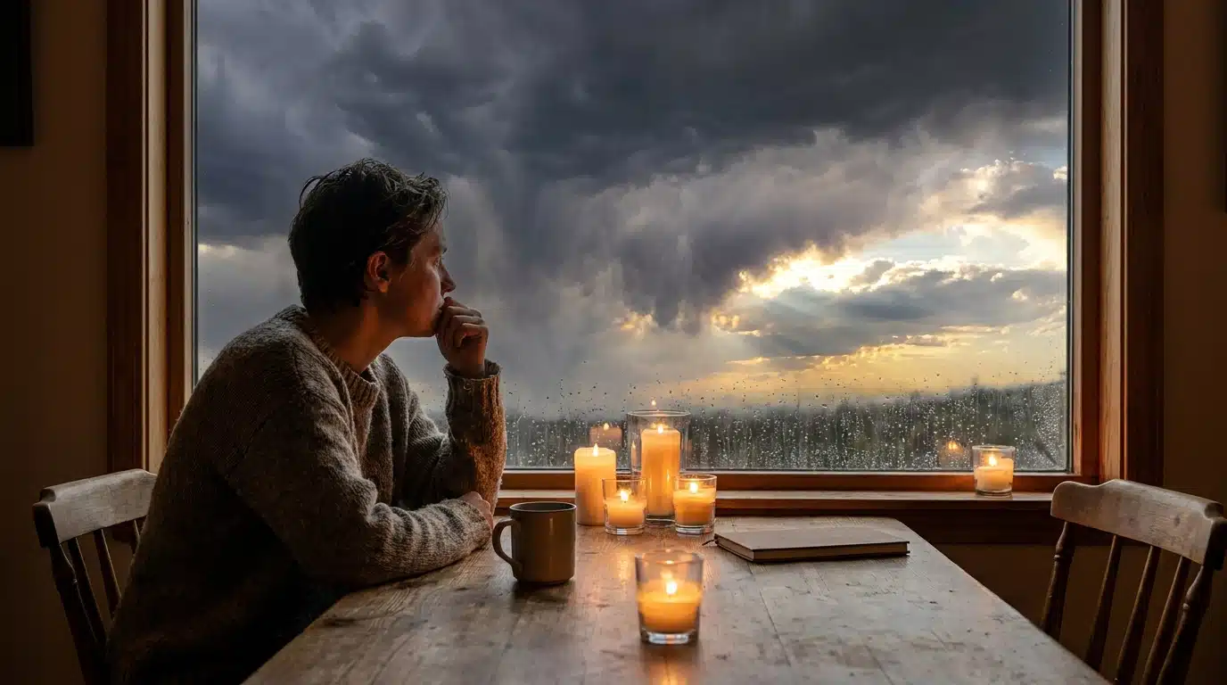 Personne contemplative devant un ciel orageux printanier doré