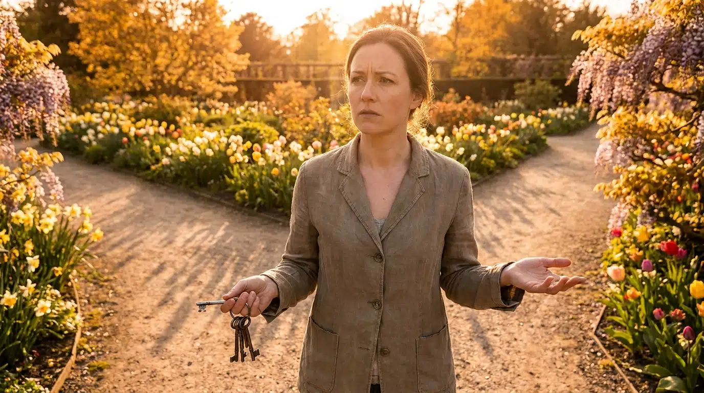 Femme à la croisée des chemins dans un jardin printanier